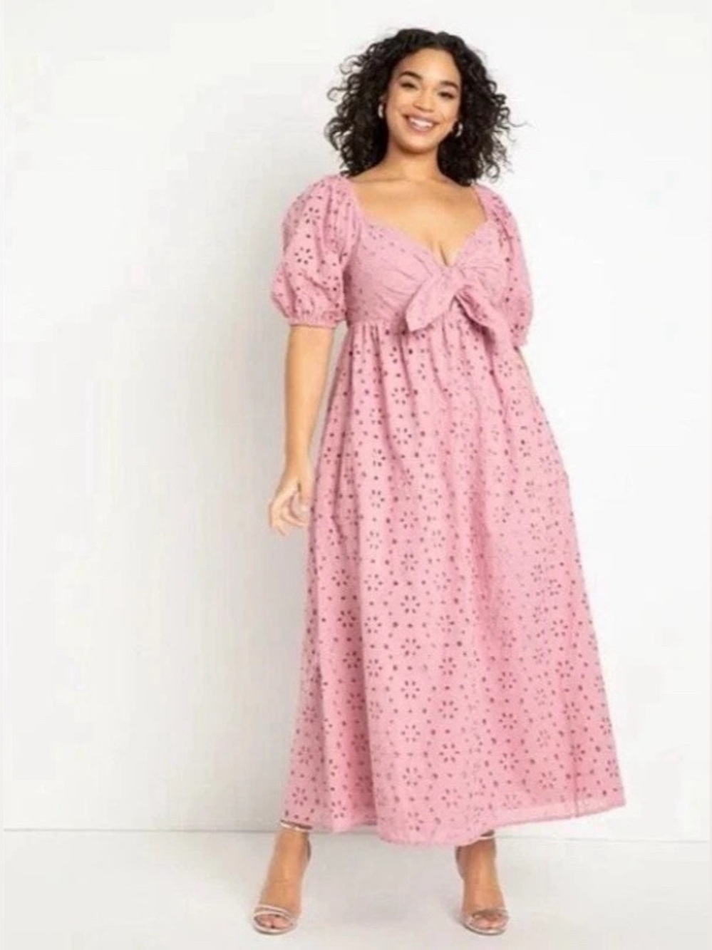 ELOQUII Women’s Dusty Rose Eyelet Embroidered Tie Front Maxi Dress Plus Size 14